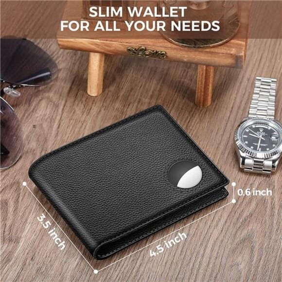 AirTag Wallet for Men, Top Grain Leather Wallet with 2 ID Window (Black) - Picture 6 of 6